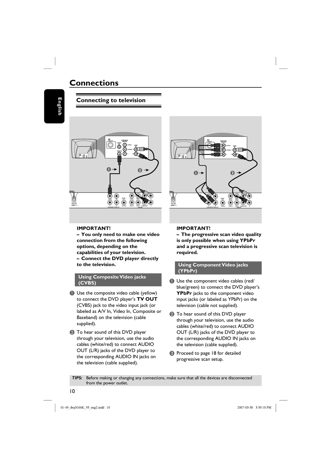 Philips DVP3166K/93 user manual Connections, Connecting to television, Using Composite Video jacks Cvbs 