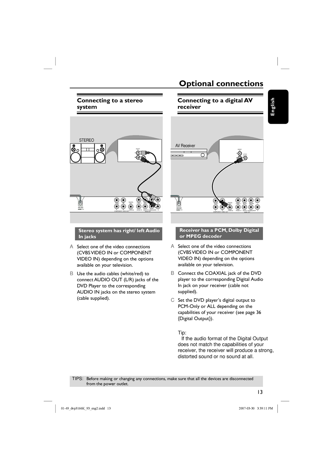 Philips DVP3166K/93 user manual Optional connections 