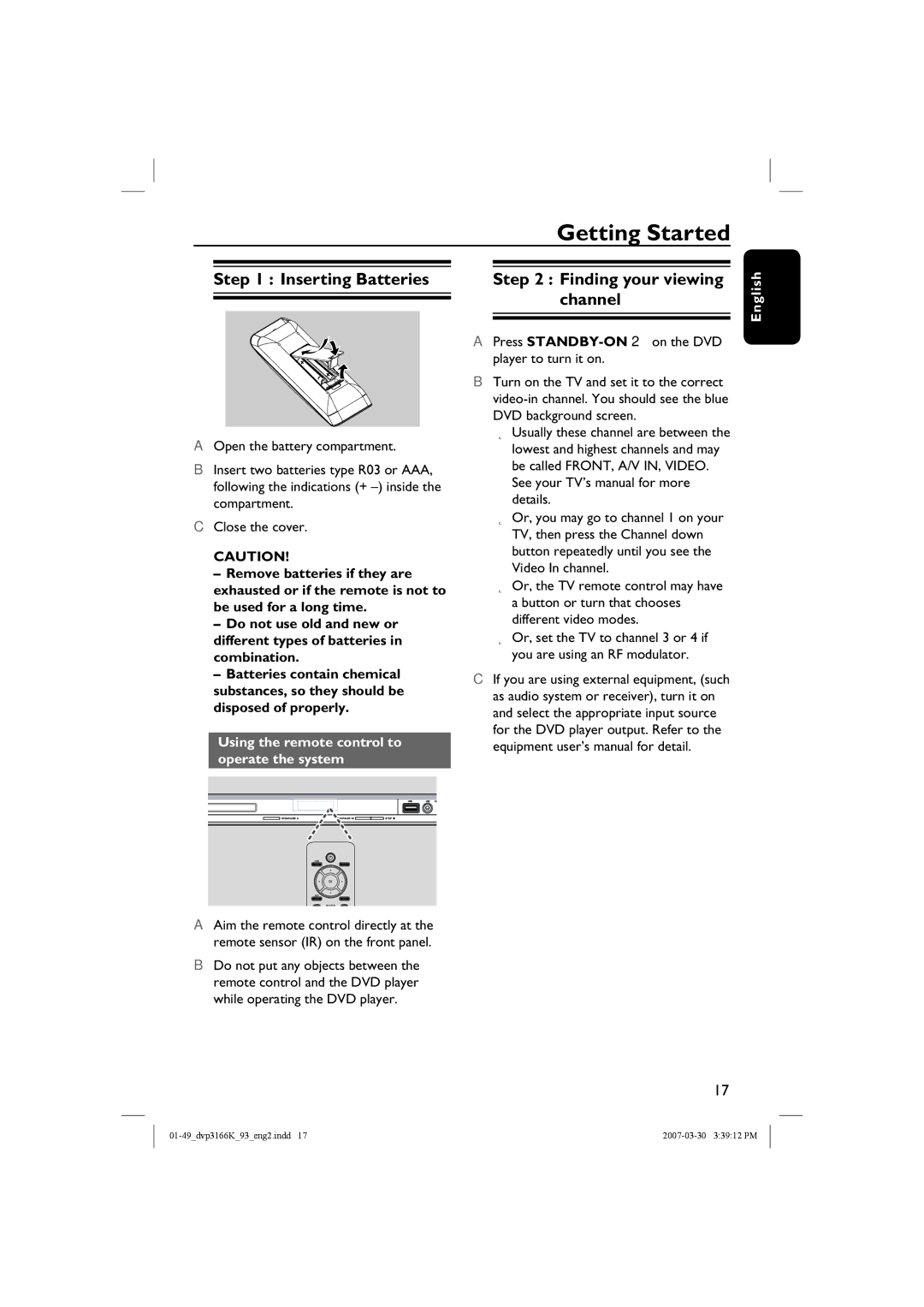 Philips DVP3166K/93 user manual Getting Started, Inserting Batteries, Finding your viewing channel 