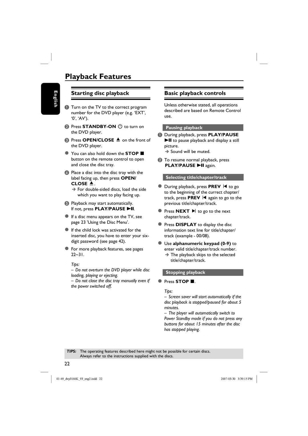 Philips DVP3166K/93 Playback Features, Starting disc playback Basic playback controls, Pausing playback, Stopping playback 