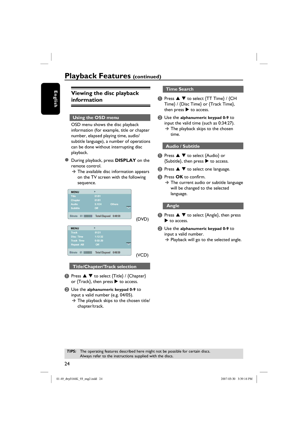 Philips DVP3166K/93 user manual Viewing the disc playback information 