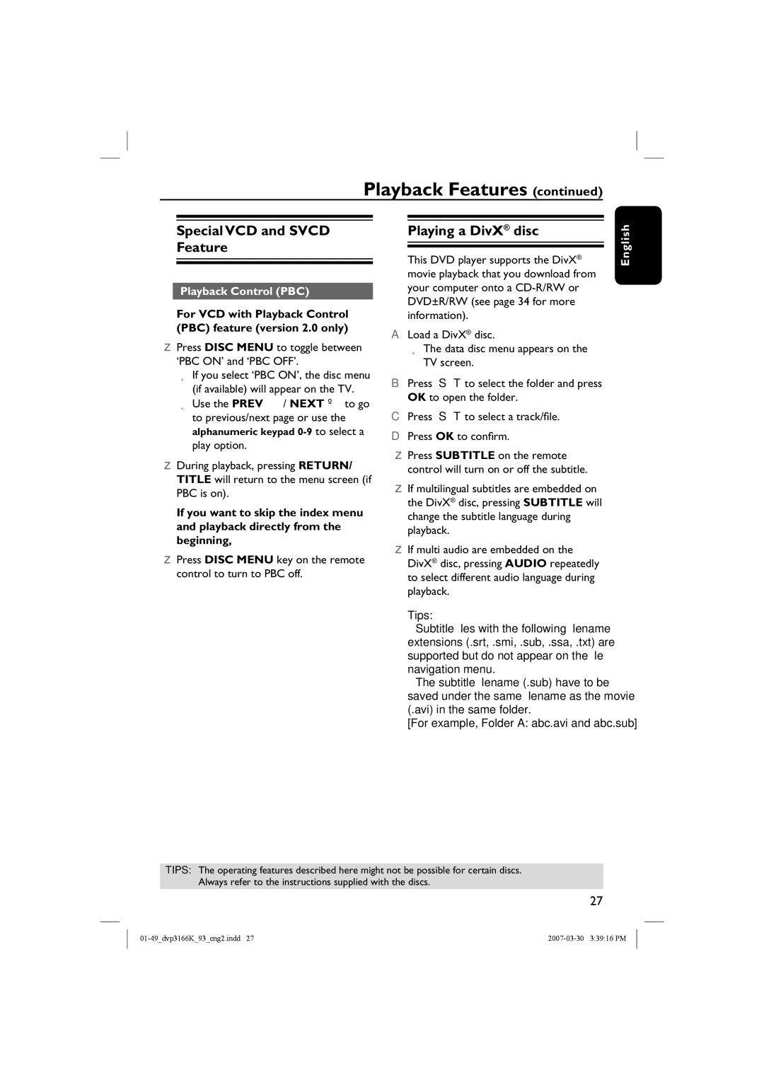 Philips DVP3166K/93 user manual Special VCD and Svcd Feature, Playing a DivX disc, Playback Control PBC 