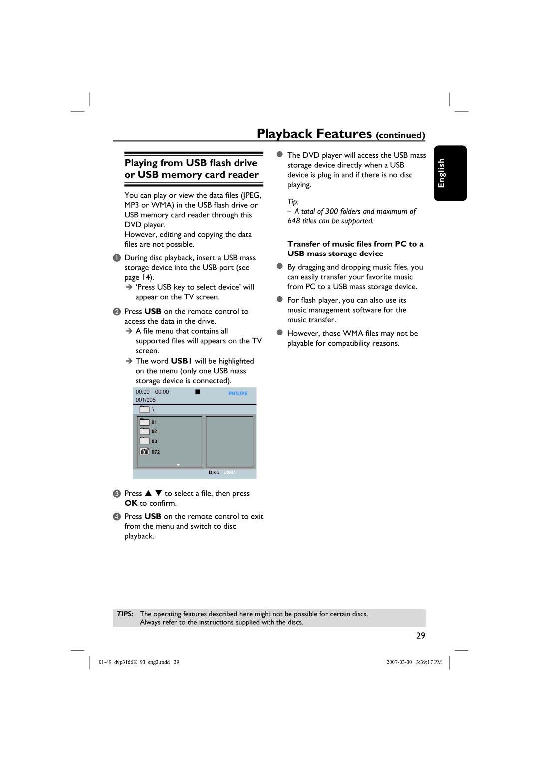 Philips DVP3166K/93 user manual Playing from USB flash drive or USB memory card reader 