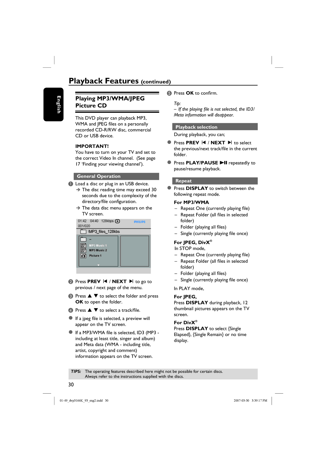 Philips DVP3166K/93 user manual Playing MP3/WMA/JPEG Picture CD, General Operation, Playback selection 