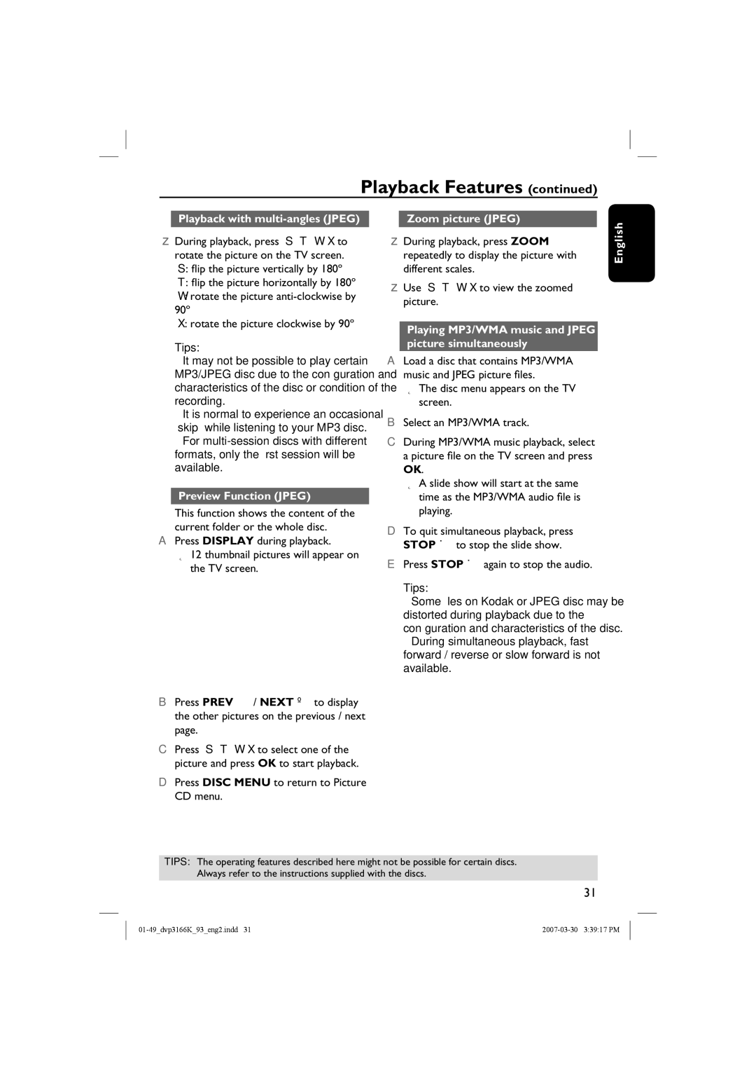 Philips DVP3166K/93 user manual Playback with multi-angles Jpeg, Preview Function Jpeg, Zoom picture Jpeg 