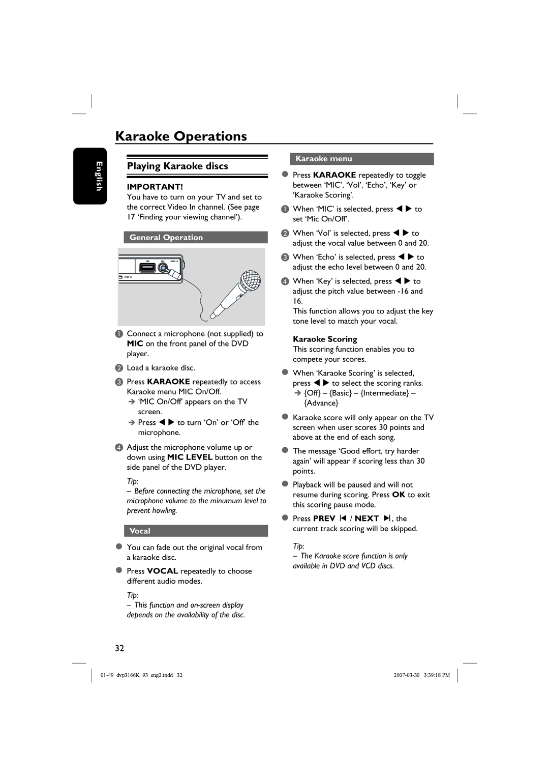 Philips DVP3166K/93 user manual Karaoke Operations, Playing Karaoke discs, Vocal, Karaoke menu, Karaoke Scoring 