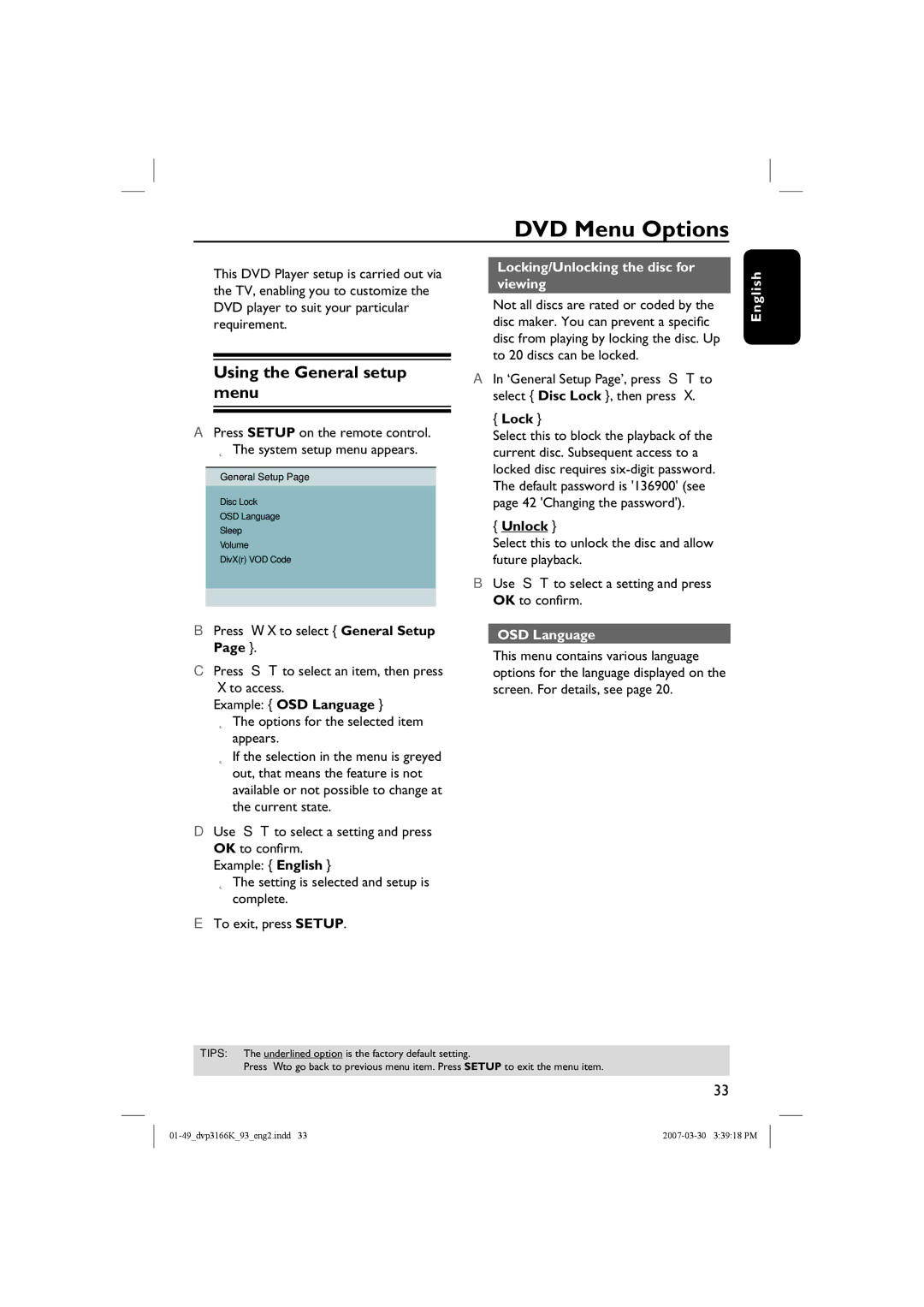 Philips DVP3166K DVD Menu Options, Using the General setup menu, Locking/Unlocking the disc for viewing, OSD Language 