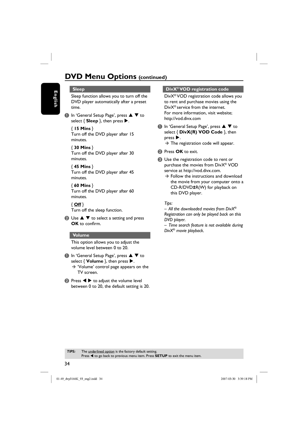 Philips DVP3166K/93 user manual Sleep DivX VOD registration code English, Mins, Off, Volume 