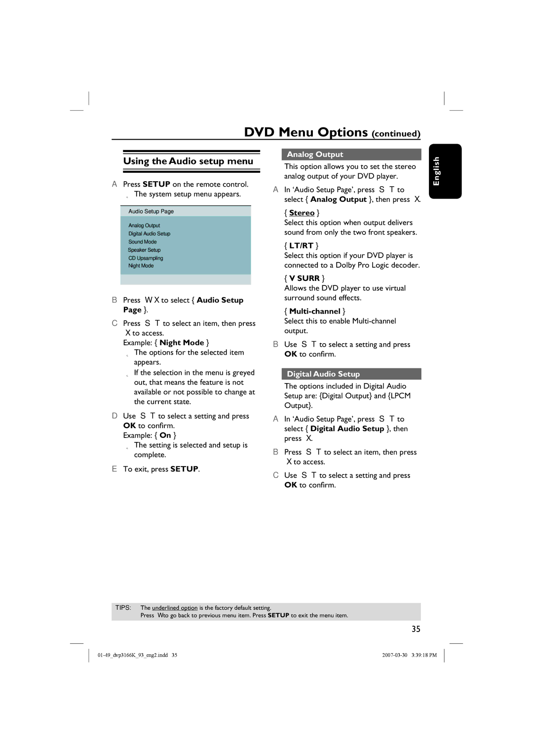 Philips DVP3166K/93 user manual Using the Audio setup menu, Analog Output, Digital Audio Setup 