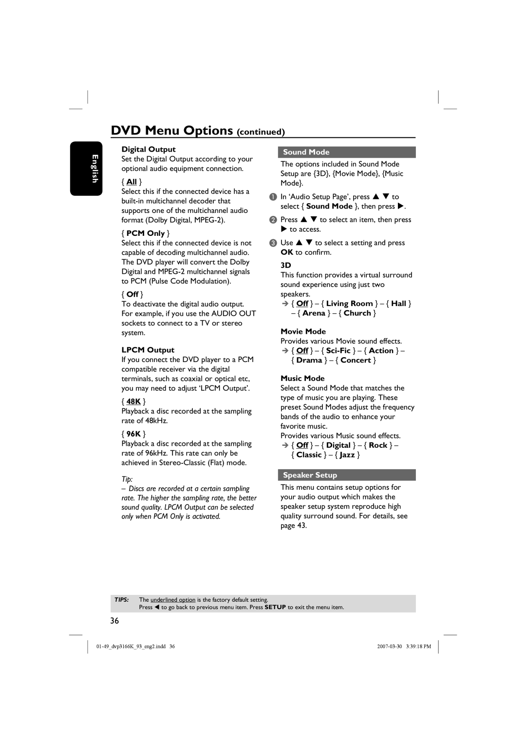 Philips DVP3166K/93 user manual Sound Mode, Speaker Setup 