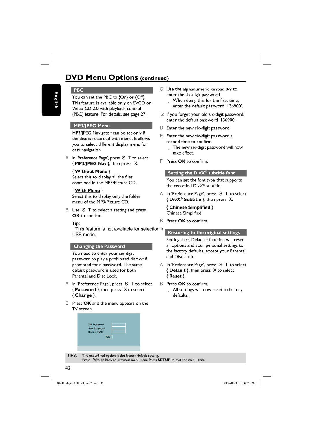 Philips DVP3166K/93 user manual MP3/JPEG Menu, Changing the Password, Setting the DivX subtitle font 