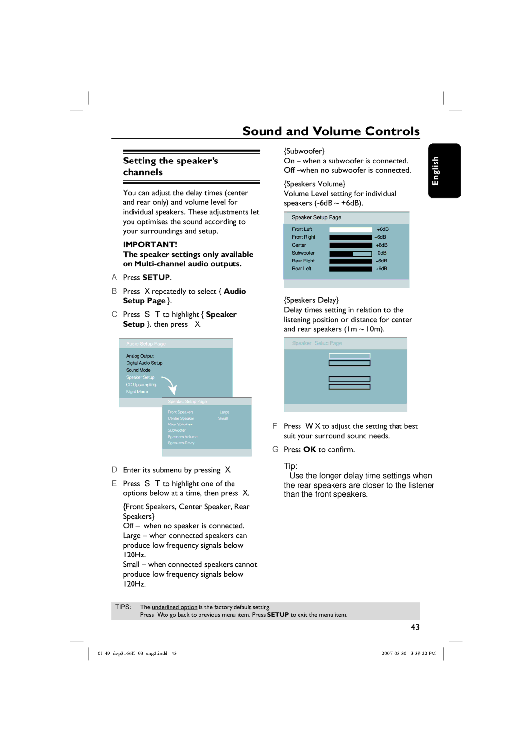 Philips DVP3166K/93 user manual Sound and Volume Controls, Setting the speaker’s channels 