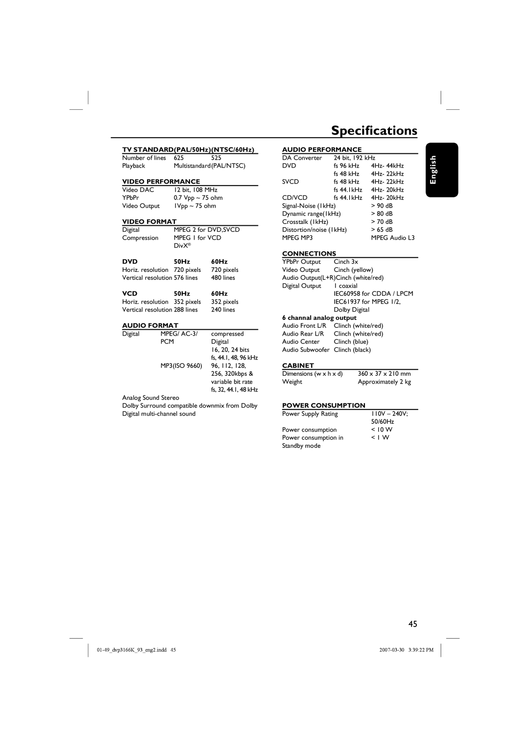 Philips DVP3166K/93 user manual Specifications, Audio Format 