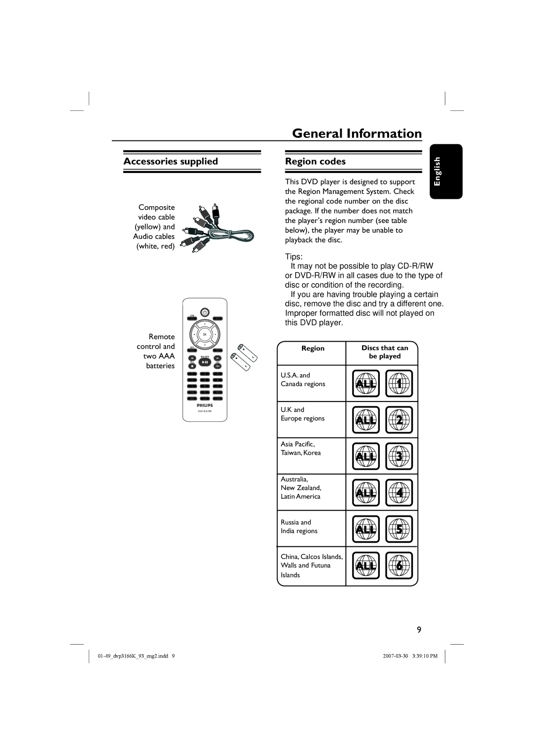 Philips DVP3166K/93 user manual Accessories supplied, Region codes, Remote control and two AAA batteries 