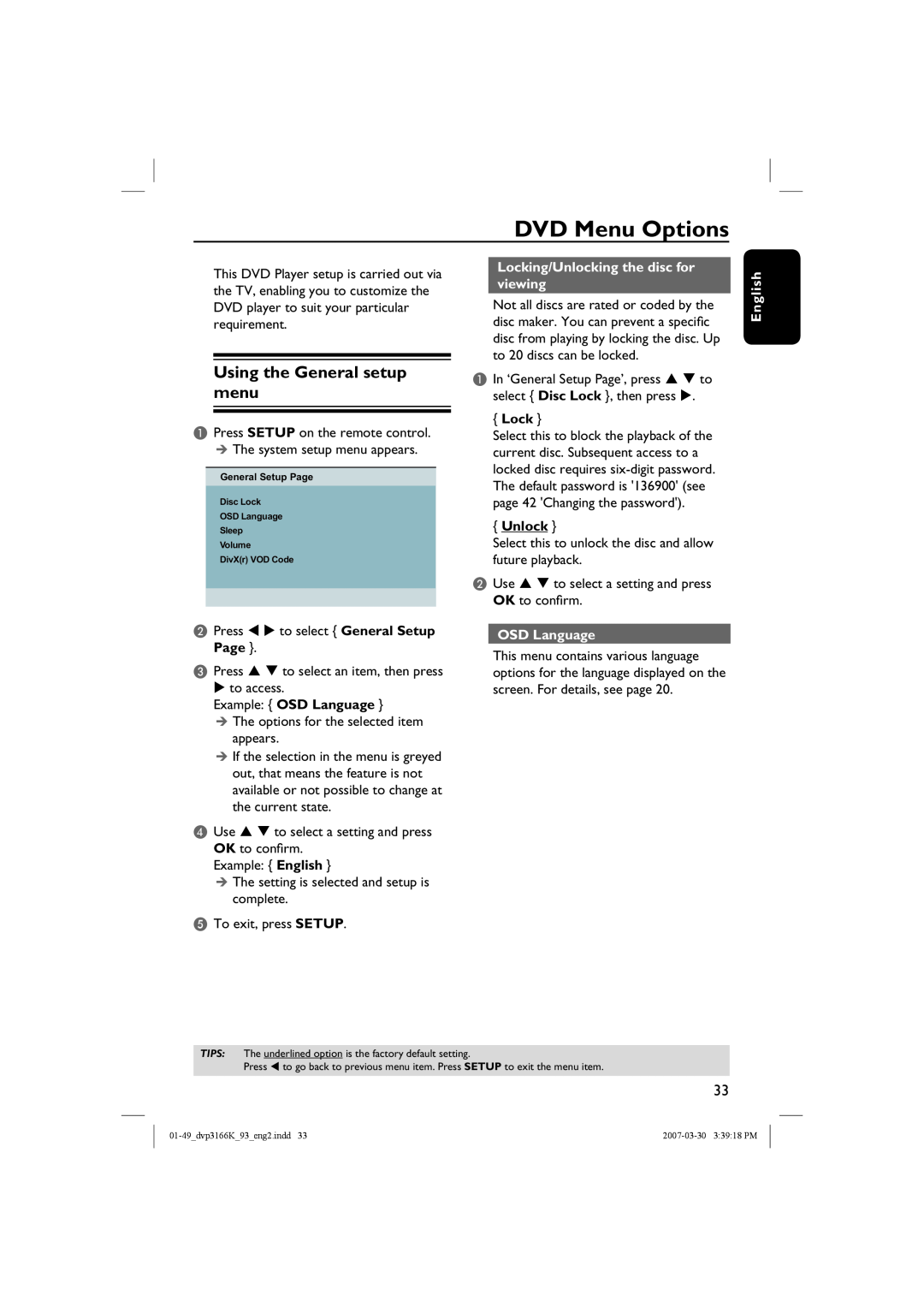 Philips DVP3166K/93 DVD Menu Options, Using the General setup menu, Example OSD Language, Lock, Unlock, English 