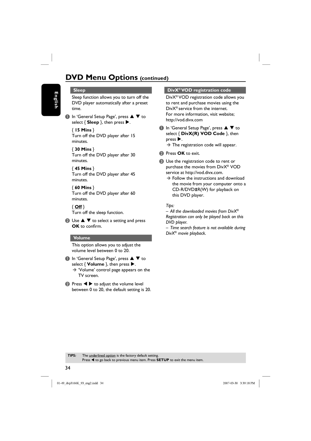 Philips DVP3166K/93 user manual DVD Menu Options continued, Sleep, DivX VOD registration code, Mins, Volume, English 