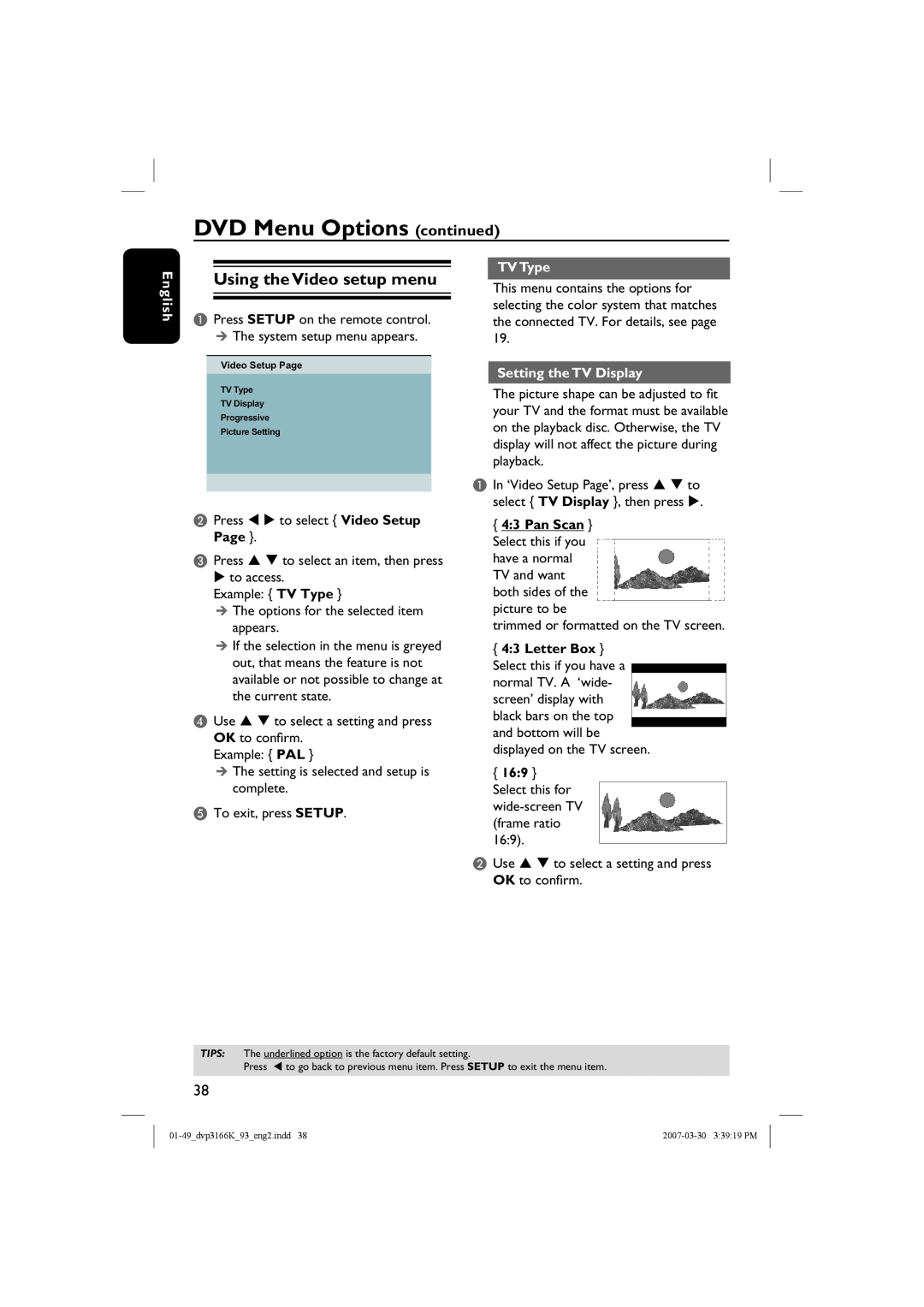 Philips DVP3166K/93 Using the Video setup menu, TV Type, Setting the TV Display, Letter Box, DVD Menu Options continued 