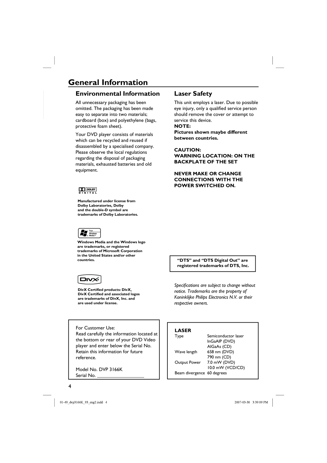 Philips DVP3166K/93 user manual General Information, Environmental Information, Laser Safety, English 