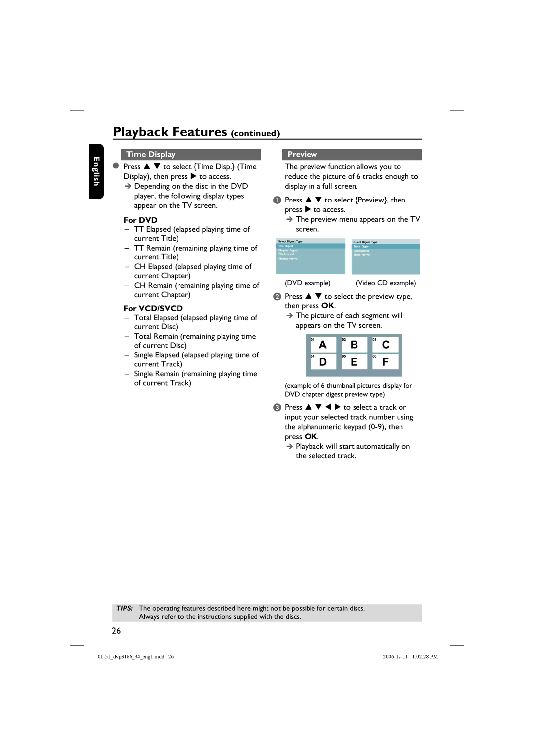 Philips DVP3166X/94, DVP3166/94 user manual English Time Display, For VCD/SVCD, Preview menu appears on the TV screen 