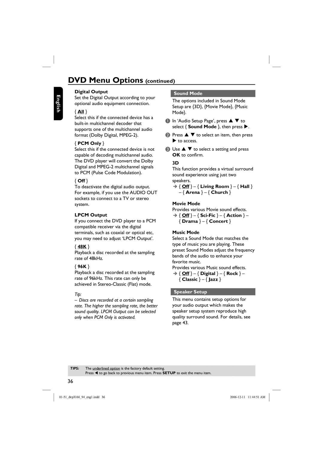 Philips DVP3166X/94, DVP3166/94 user manual Sound Mode, Speaker Setup 