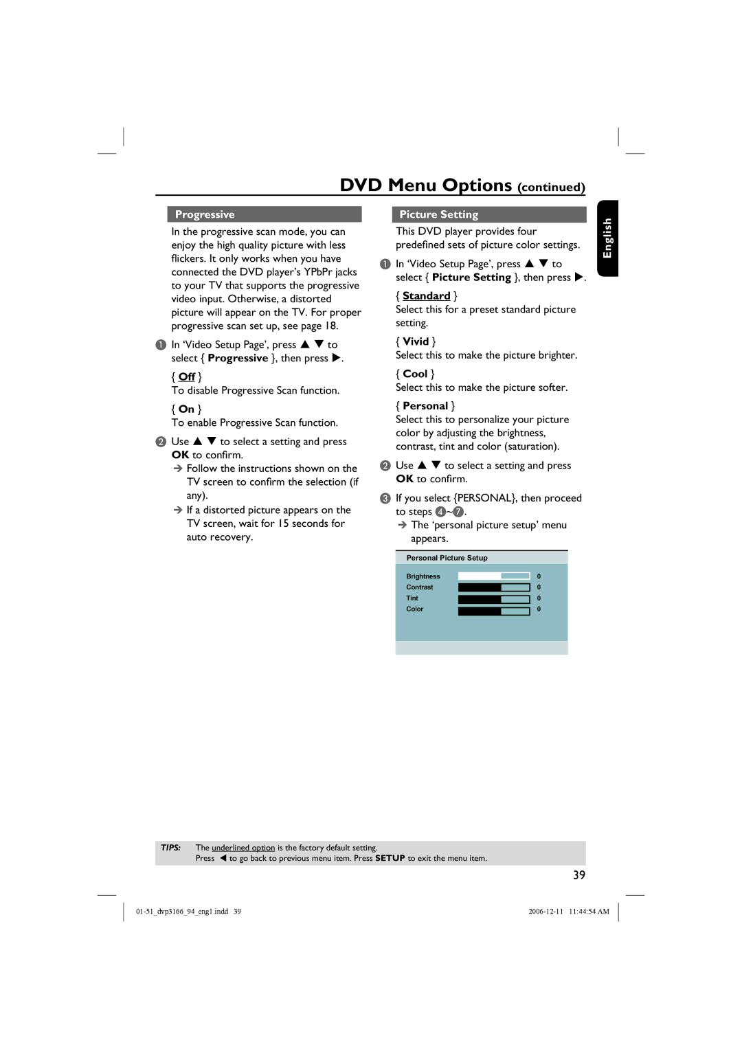 Philips DVP3166/94, DVP3166X/94 user manual Progressive, Picture Setting 