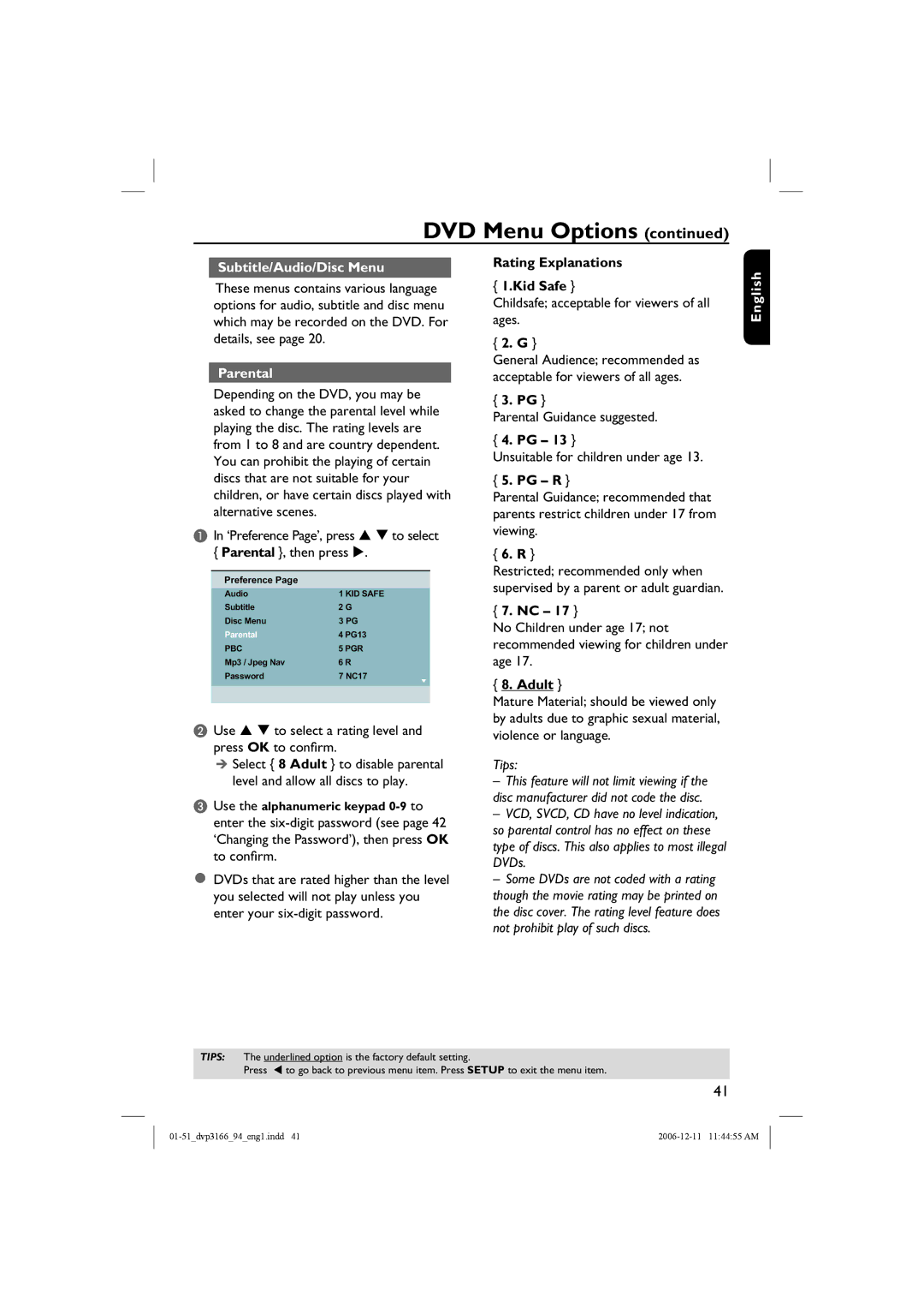 Philips DVP3166X/94, DVP3166/94 Subtitle/Audio/Disc Menu, Parental, Rating Explanations Kid Safe, Pg R, Adult 