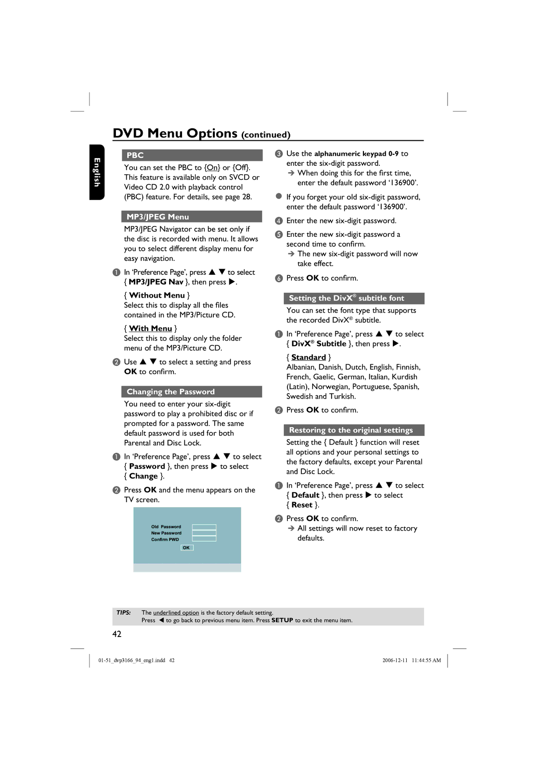 Philips DVP3166X/94, DVP3166/94 user manual MP3/JPEG Menu, Changing the Password, Setting the DivX subtitle font 