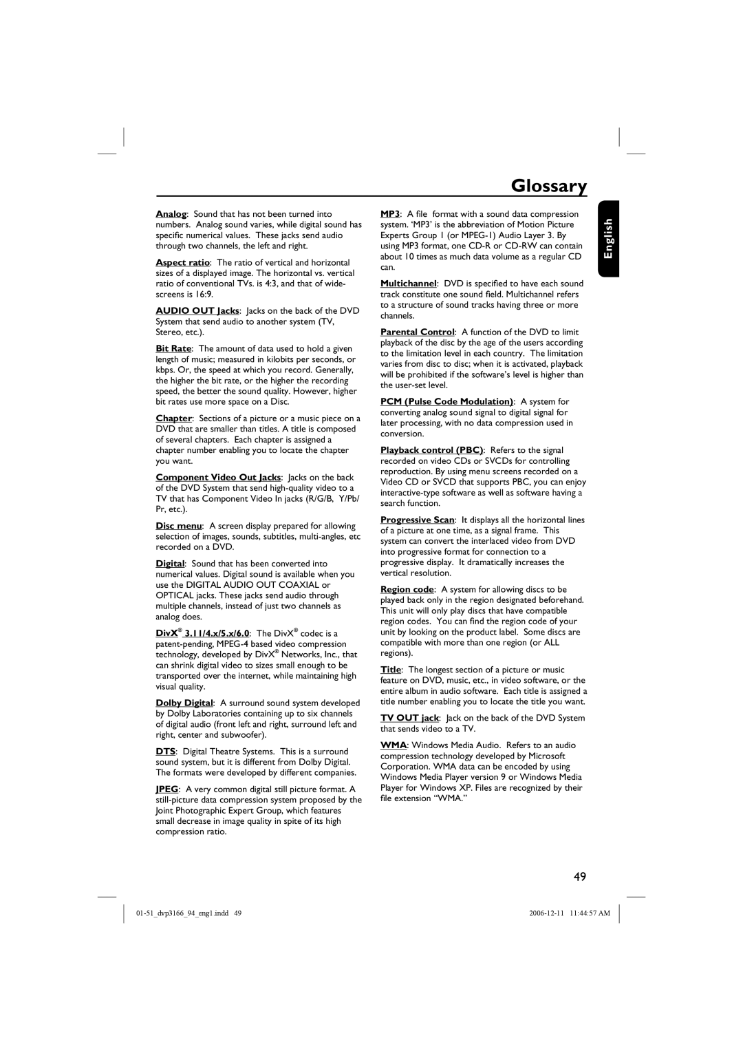 Philips DVP3166X/94, DVP3166/94 user manual Glossary 