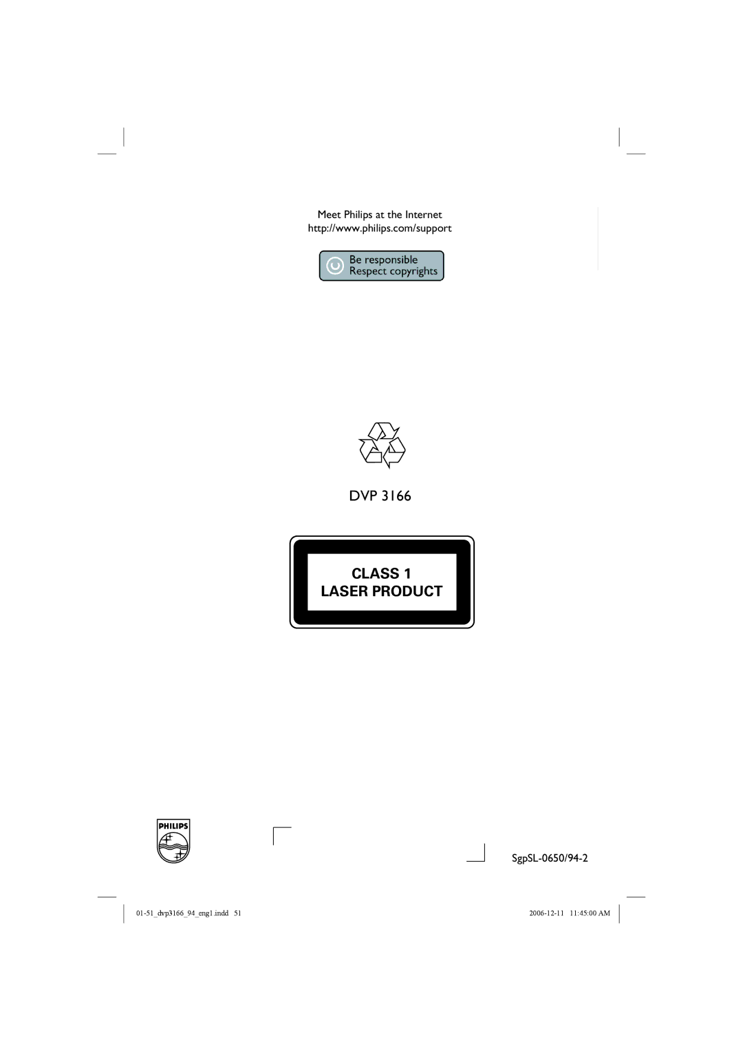 Philips DVP3166/94, DVP3166X/94 user manual Meet Philips at the Internet, SgpSL-0650/94-2 