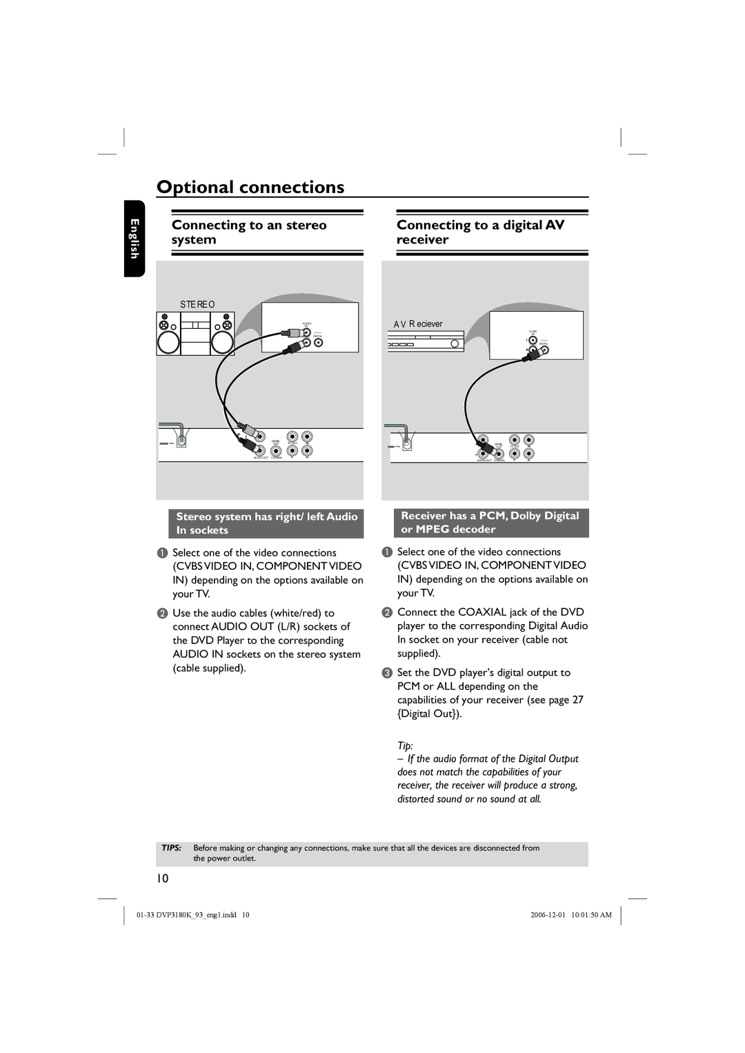 Philips DVP3180K/93 user manual Optional connections, Stereo system has right/ left Audio In sockets 