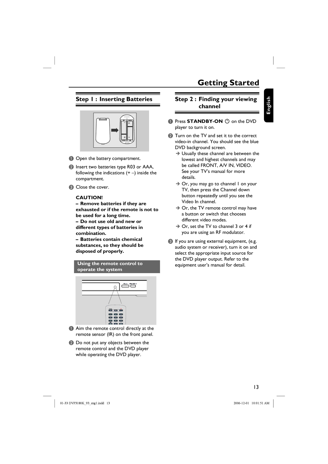 Philips DVP3180K/93 user manual Getting Started, Inserting Batteries, Finding your viewing channel 