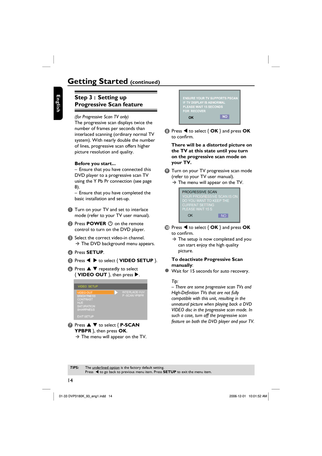 Philips DVP3180K/93 user manual Before you start, Ypbpr , then press OK Menu will appear on the TV 