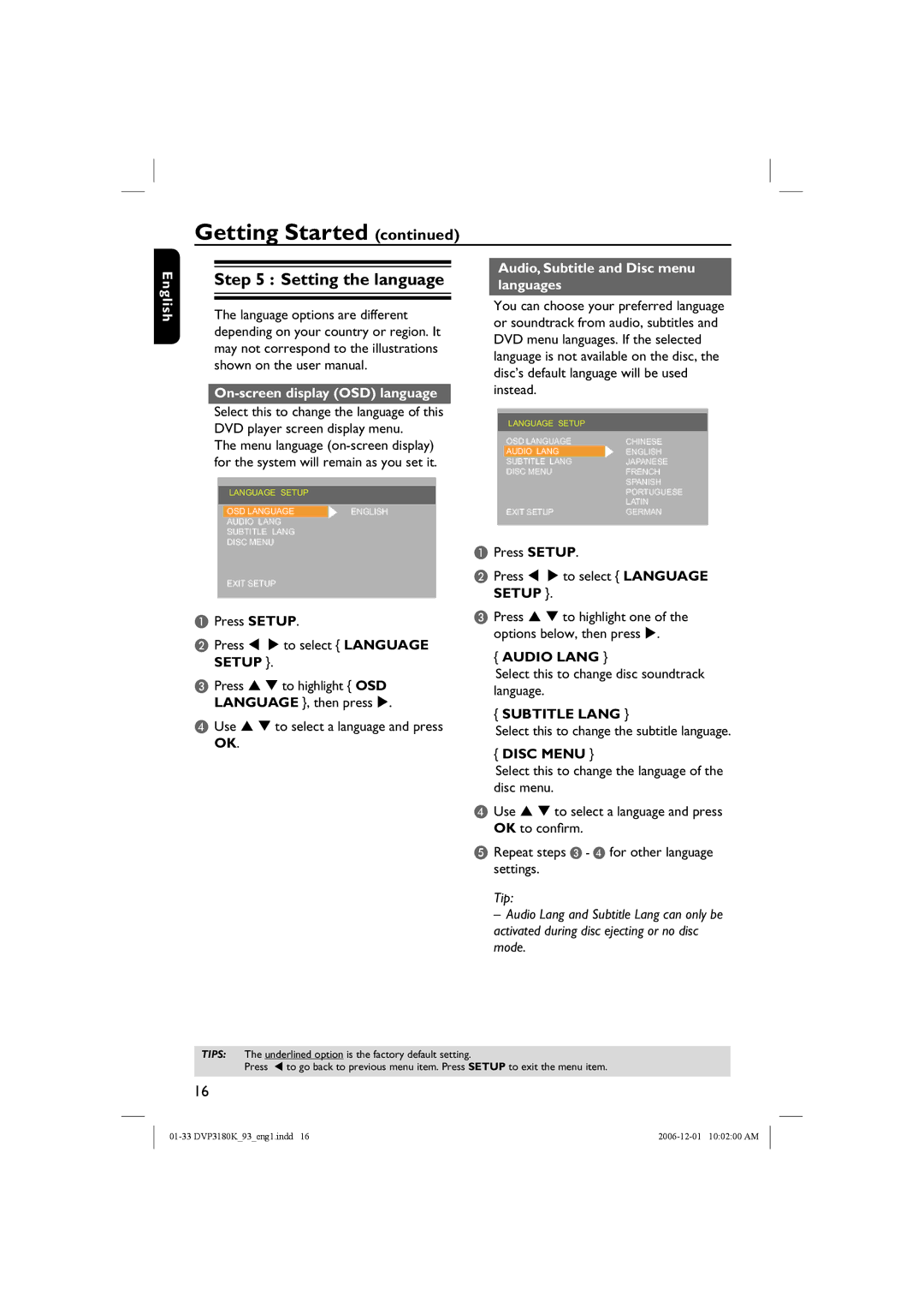 Philips DVP3180K/93 Setting the language, On-screen display OSD language, Audio, Subtitle and Disc menu languages 