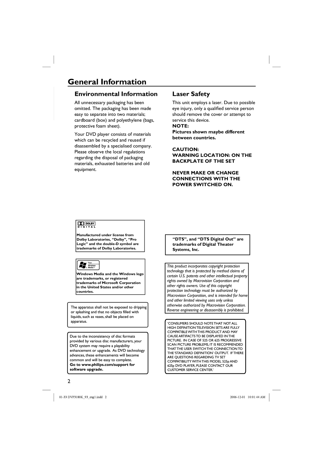 Philips DVP3180K/93 user manual General Information, English, Pictures shown maybe different between countries 