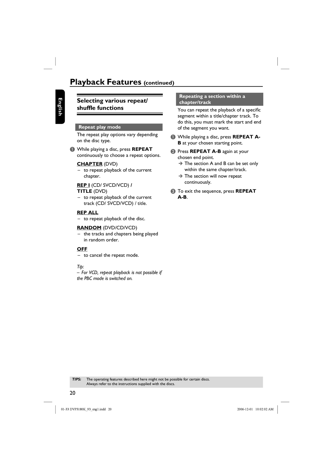 Philips DVP3180K/93 user manual Selecting various repeat/ shuffle functions, Chapter DVD, Title DVD, Rep All, Off 