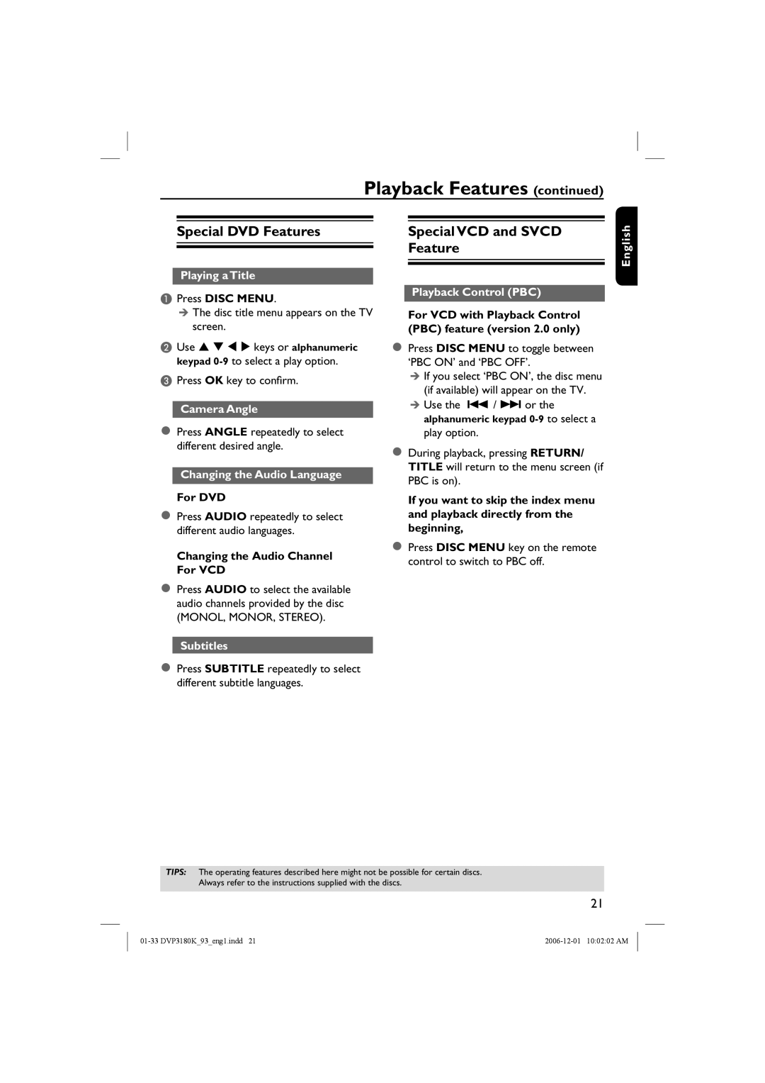 Philips DVP3180K/93 user manual Special DVD Features, Special VCD and Svcd Feature 