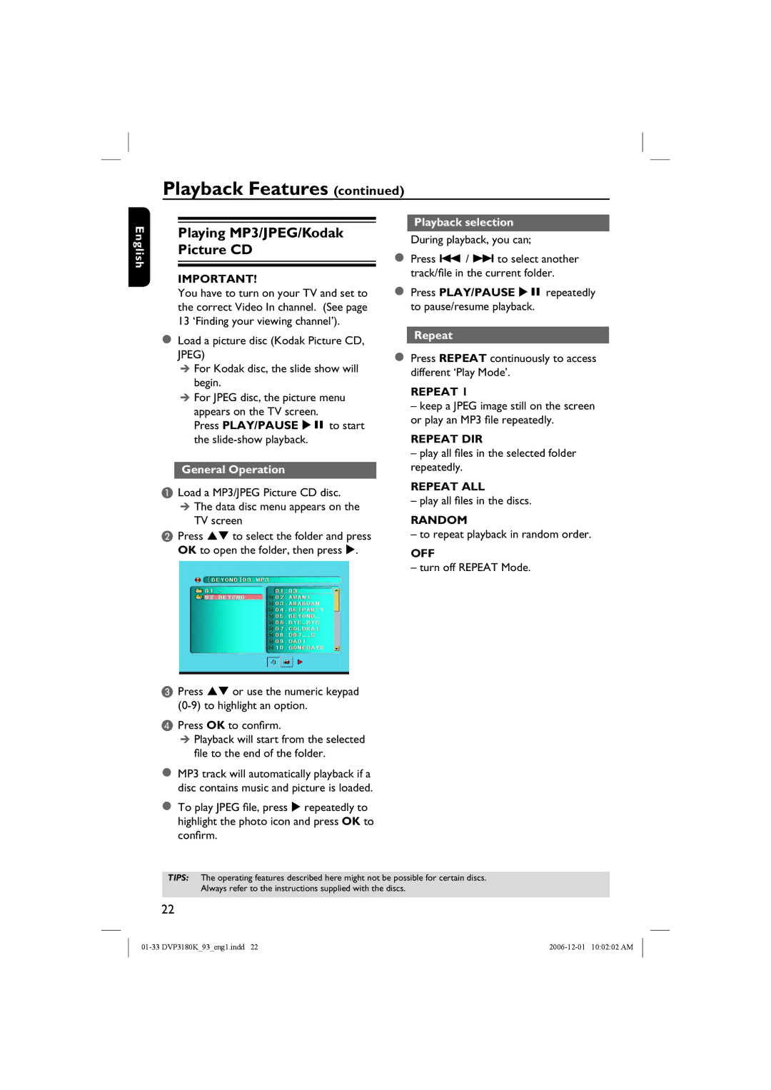 Philips DVP3180K/93 user manual Repeat DIR, Repeat ALL, Random 