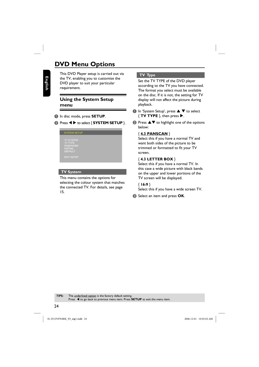 Philips DVP3180K/93 user manual DVD Menu Options, Using the System Setup menu, TV System, TV Type 