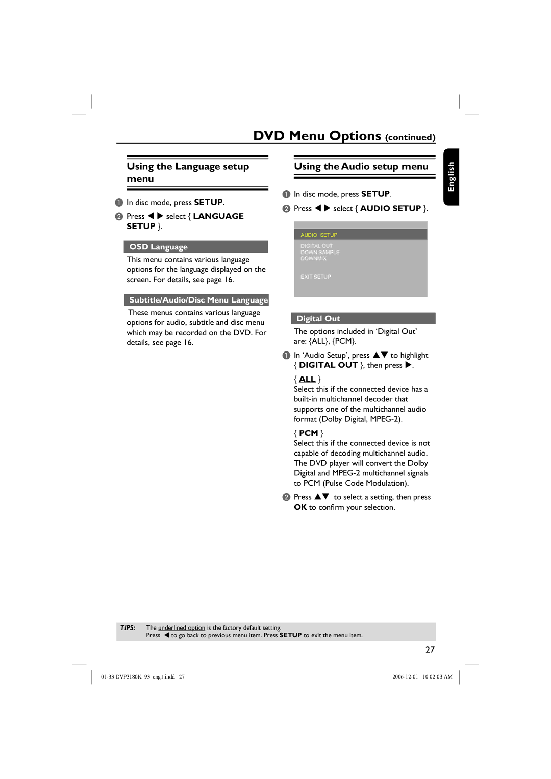 Philips DVP3180K/93 user manual Using the Language setup menu, Using the Audio setup menu, OSD Language, Digital Out 