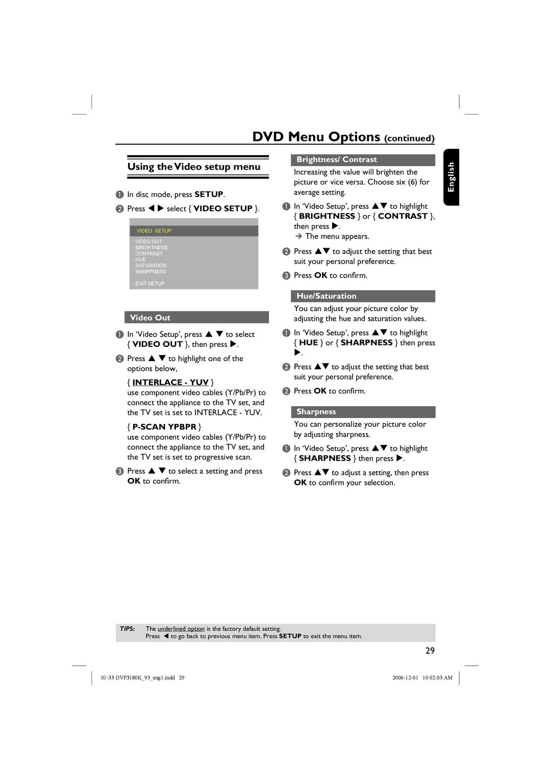 Philips DVP3180K/93 user manual Using the Video setup menu, Interlace YUV, Scan Ypbpr 