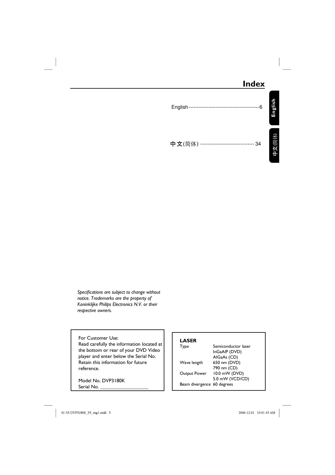 Philips DVP3180K/93 user manual Index, For Customer Use, Laser 