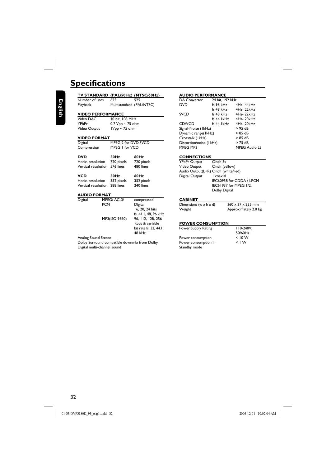 Philips DVP3180K/93 user manual Specifications, Audio Format 