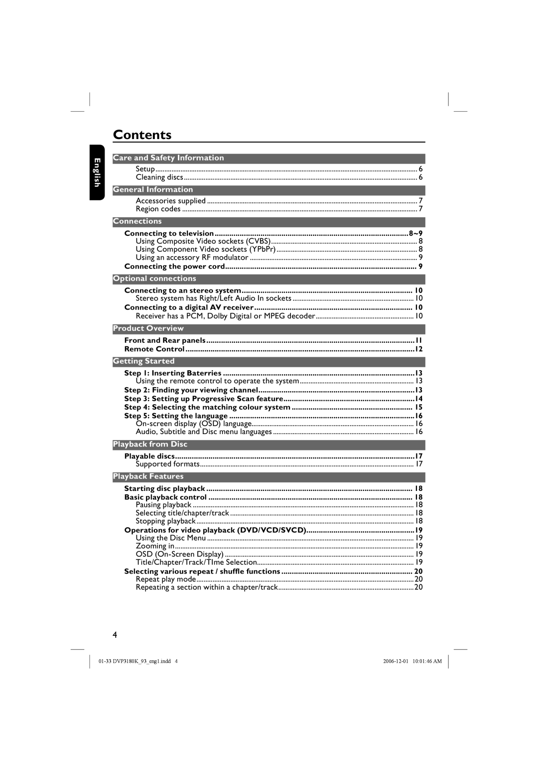 Philips DVP3180K/93 user manual Contents 