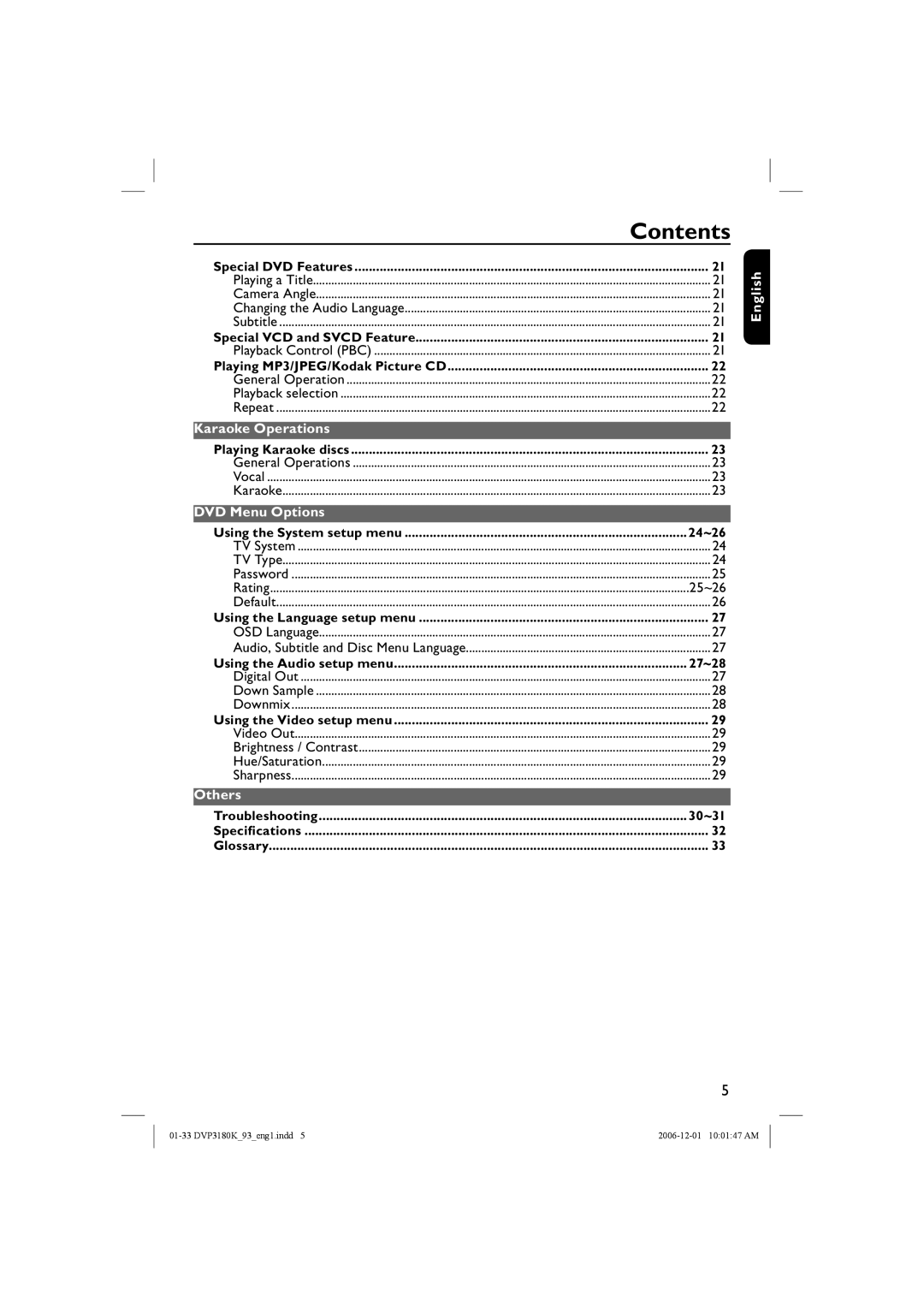 Philips DVP3180K/93 user manual Karaoke Operations, DVD Menu Options, 25~26, Others 