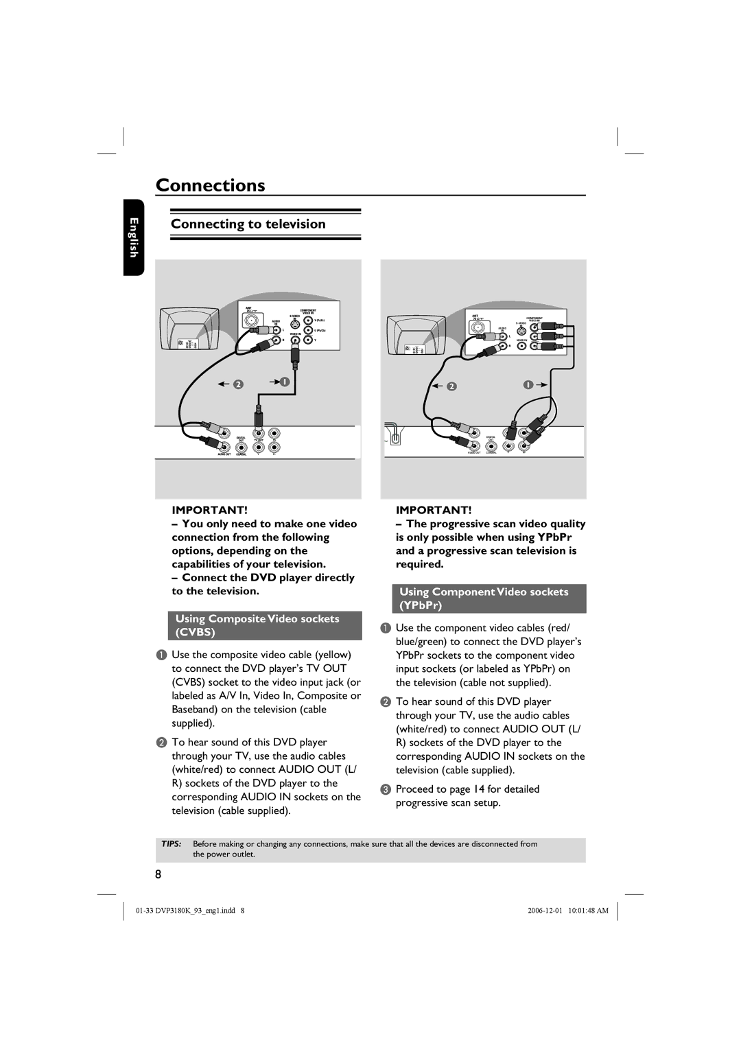 Philips DVP3180K/93 user manual Connections, Connecting to television, Using Composite Video sockets Cvbs 