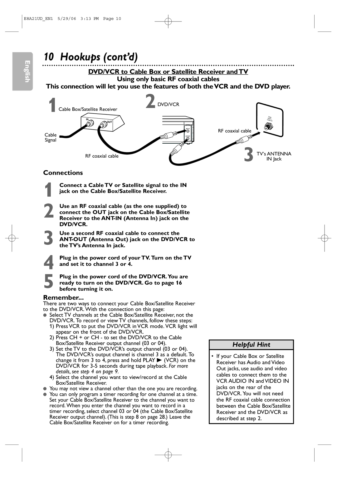 Philips DVP3200V/37B user manual Connections, Remember, Signal RF coaxial cable 