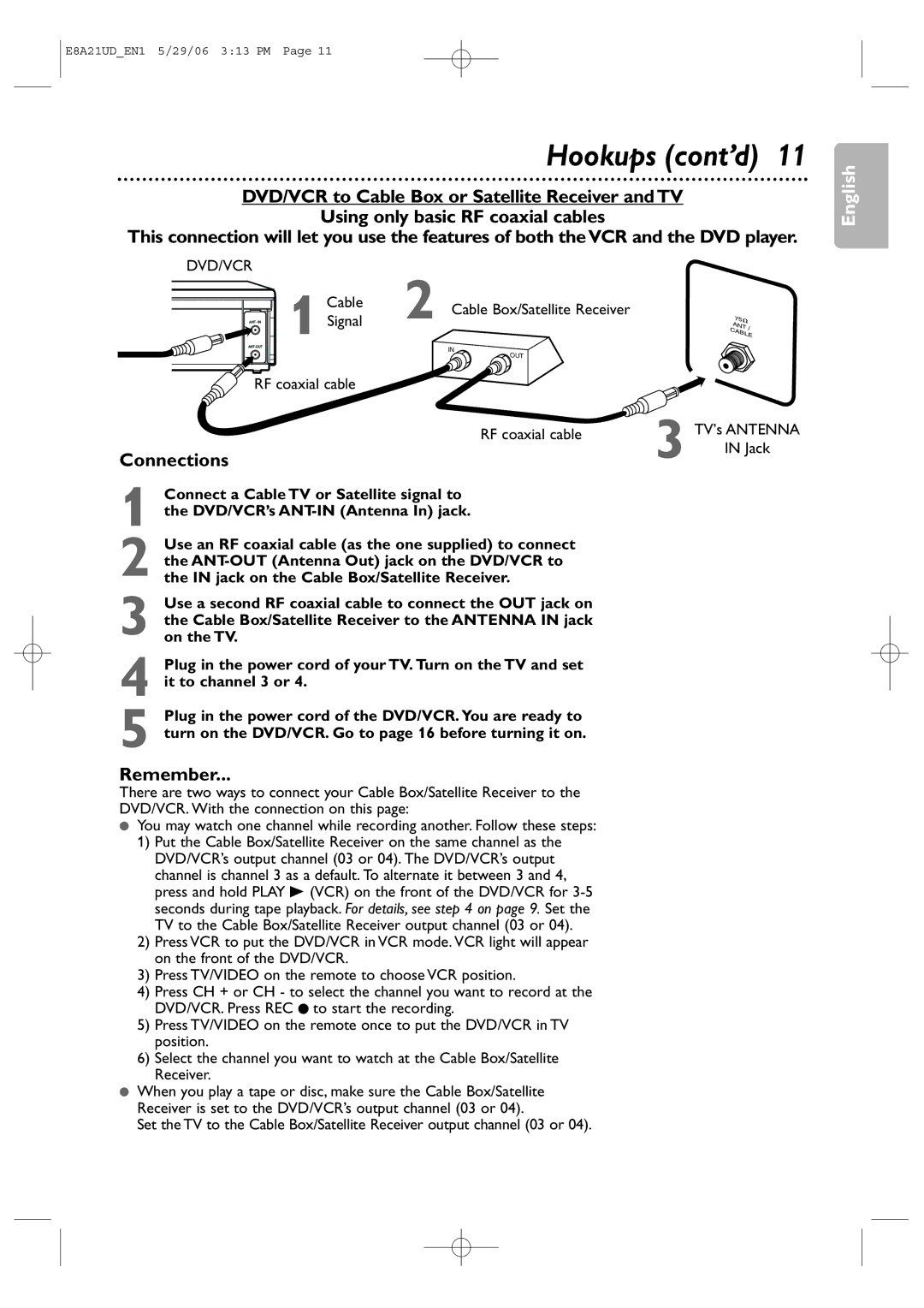 Philips DVP3200V/37B user manual Dvd/Vcr, Signal, RF coaxial cable TV’s Antenna, Cable Box/Satellite Receiver 