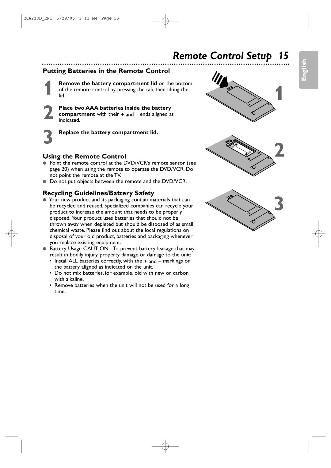 Philips DVP3200V/37 Putting Batteries in the Remote Control, Using the Remote Control, Recycling Guidelines/Battery Safety 