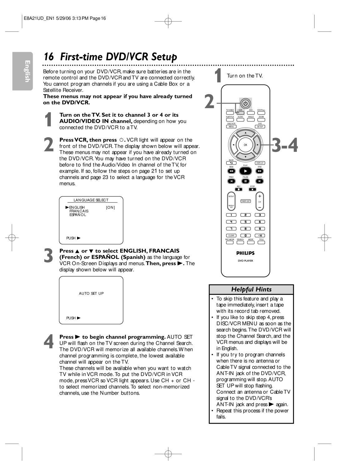 Philips DVP3200V/37B user manual Turn on the TV, Repeat this process if the power fails 