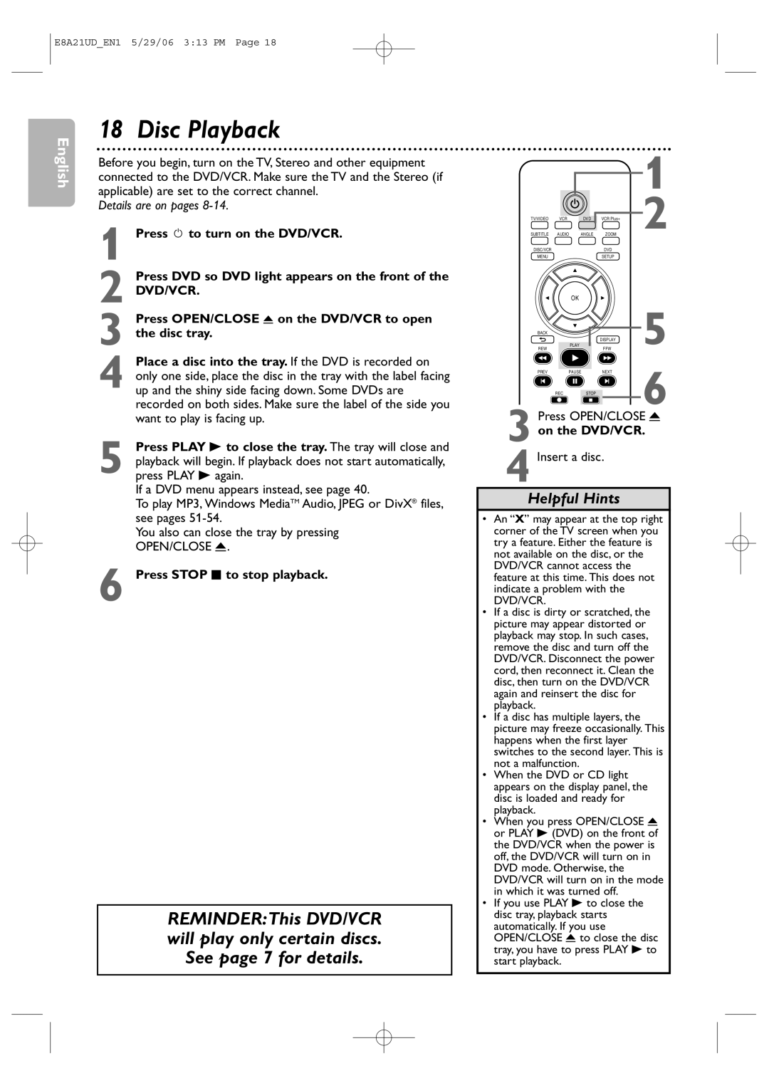 Philips DVP3200V/37B user manual Disc Playback 